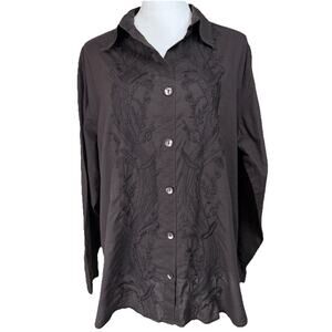 Chico's Women's Faux Button Up Long Sleeve Shirt Brown Embroidered Plus Sz 3